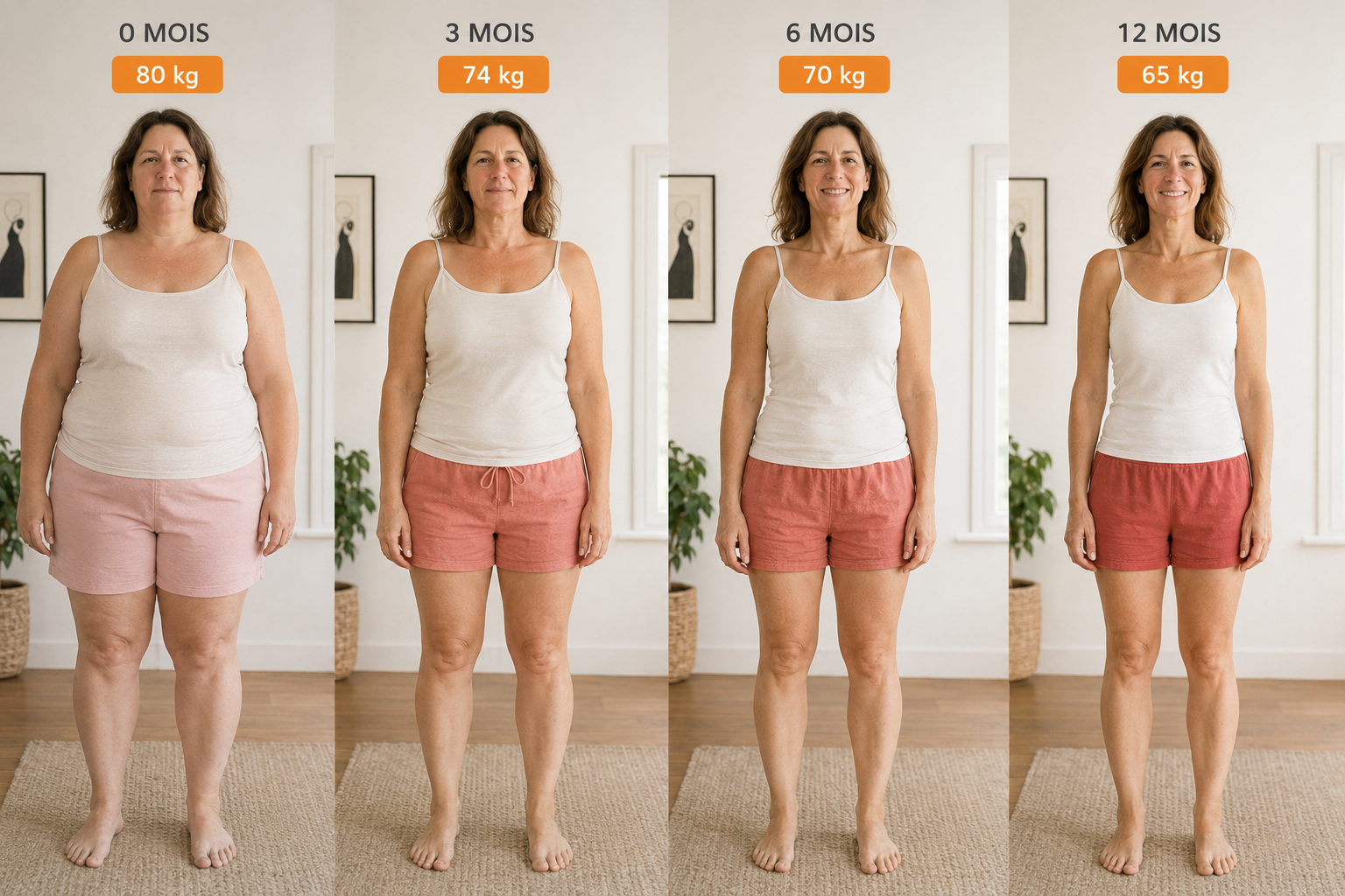 Verwandlung — 0, 3, 6, 12 Monate · 80 kg → 65 kg